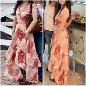 Patchwork Ruffle Maxi Dress in Red and Pink